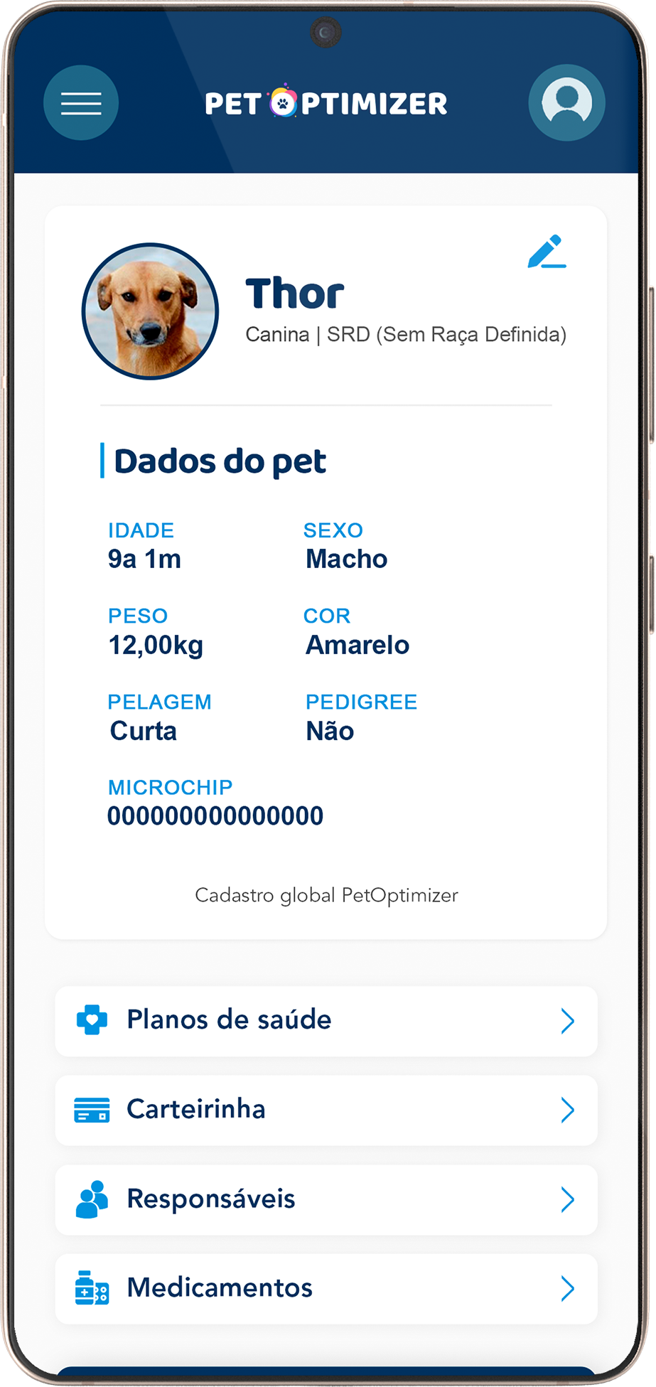 Tela Dados do pet no aplicativo Pet Optimizer
