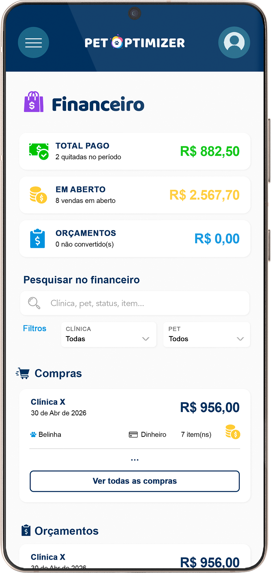 Painel Financeiro do aplicativo Pet Optimizer